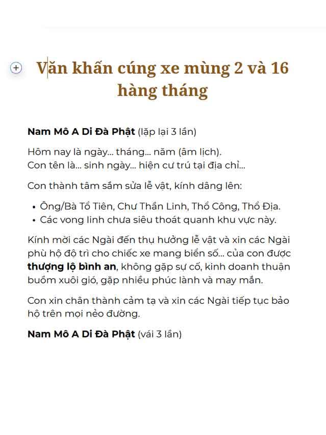 Văn khấn cúng xe mùng 2 và 16 hàng tháng âm lịch ( 2 16 ) chuẩn nhất.