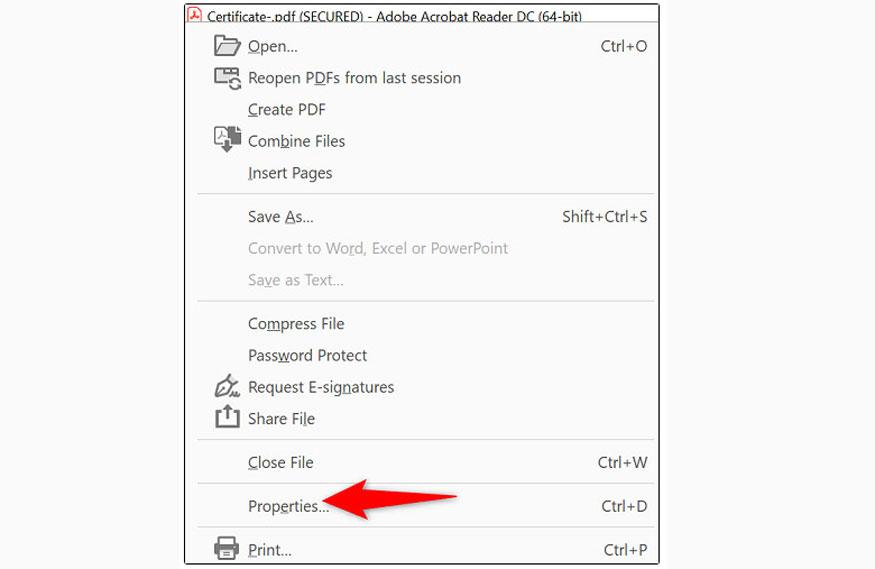 chọn File => Properties.