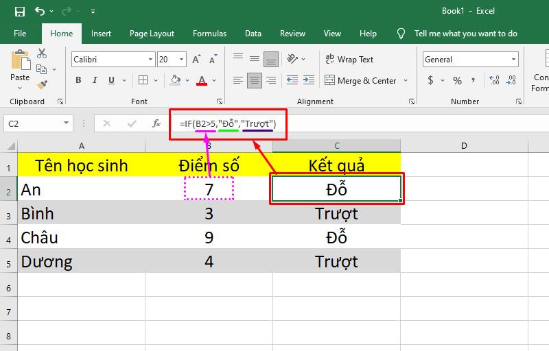 Ví dụ cách sử dụng hàm IF trong Excel để xác định kết quả Đỗ hoặc Trượt của học sinh