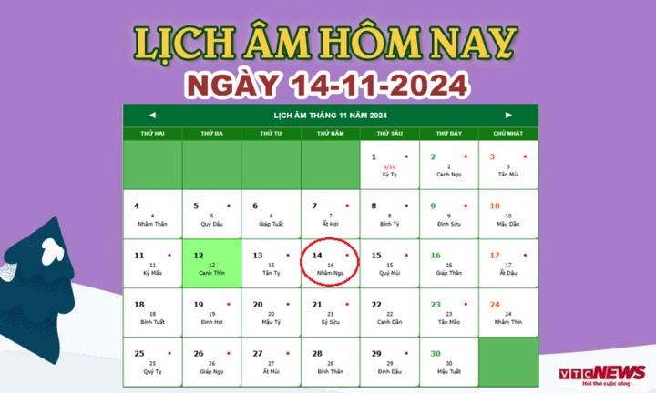 Xem lịch âm hôm nay ngày 14/11/2024.